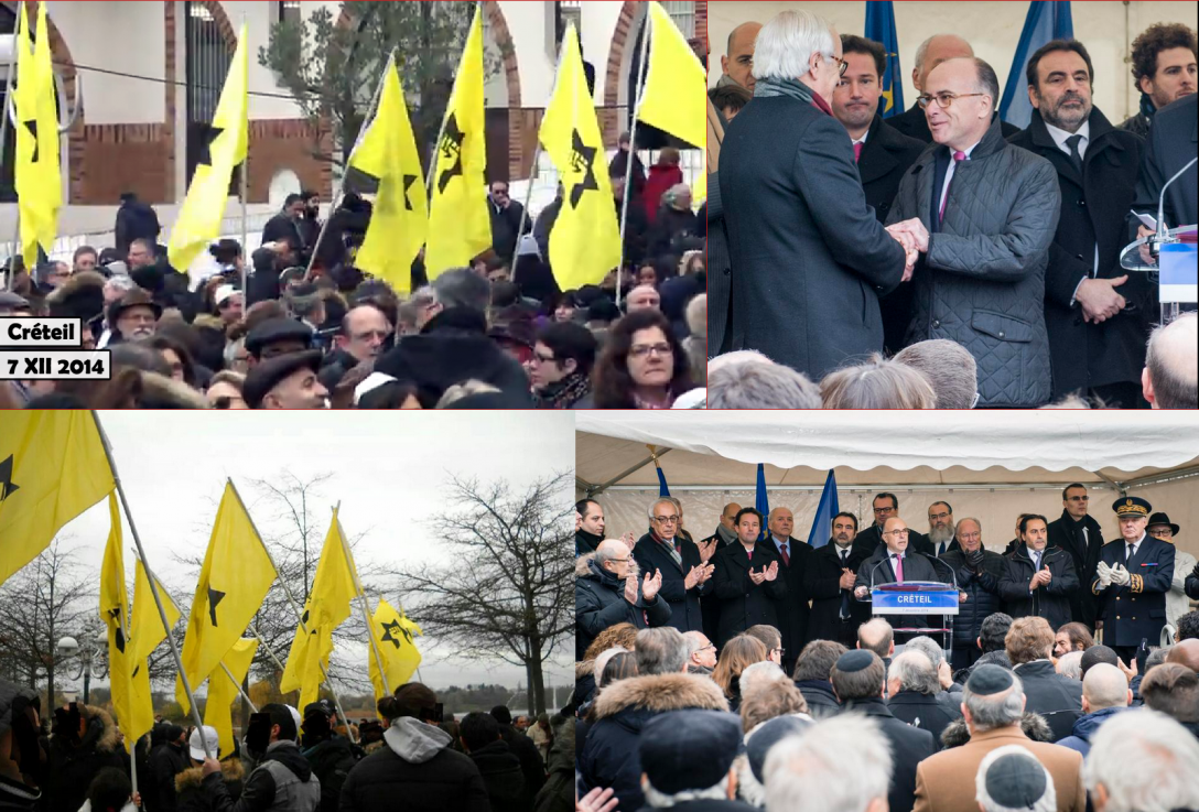 À Créteil en décembre 2014, Bernard Cazeneuve  a pris la parole devant les drapeaux du groupe terroriste juif LDJ.