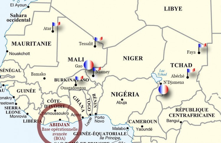 Carte montrant la projection des forces françaises au Sahel dans le cadre de l’opération barkhane