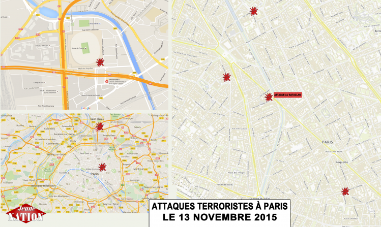 Des attaques minutieusement préparées et coordonnées : cartes des principaux points visés par les tueurs islamistes vendredi 13 octobre 2015 à Paris selon les informations connues le 14 novembre au matin 