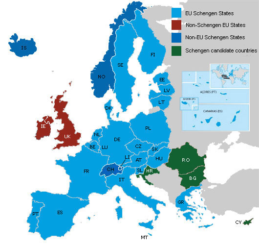 L’Espace Schengen, en 2015 : en bleu, les pays qui l’appliquent intégralement, en vert, ceux dont les ressortissants sont déjà ici et, en rouge, ceux qui subissent l’afflux sans en faire partie. 